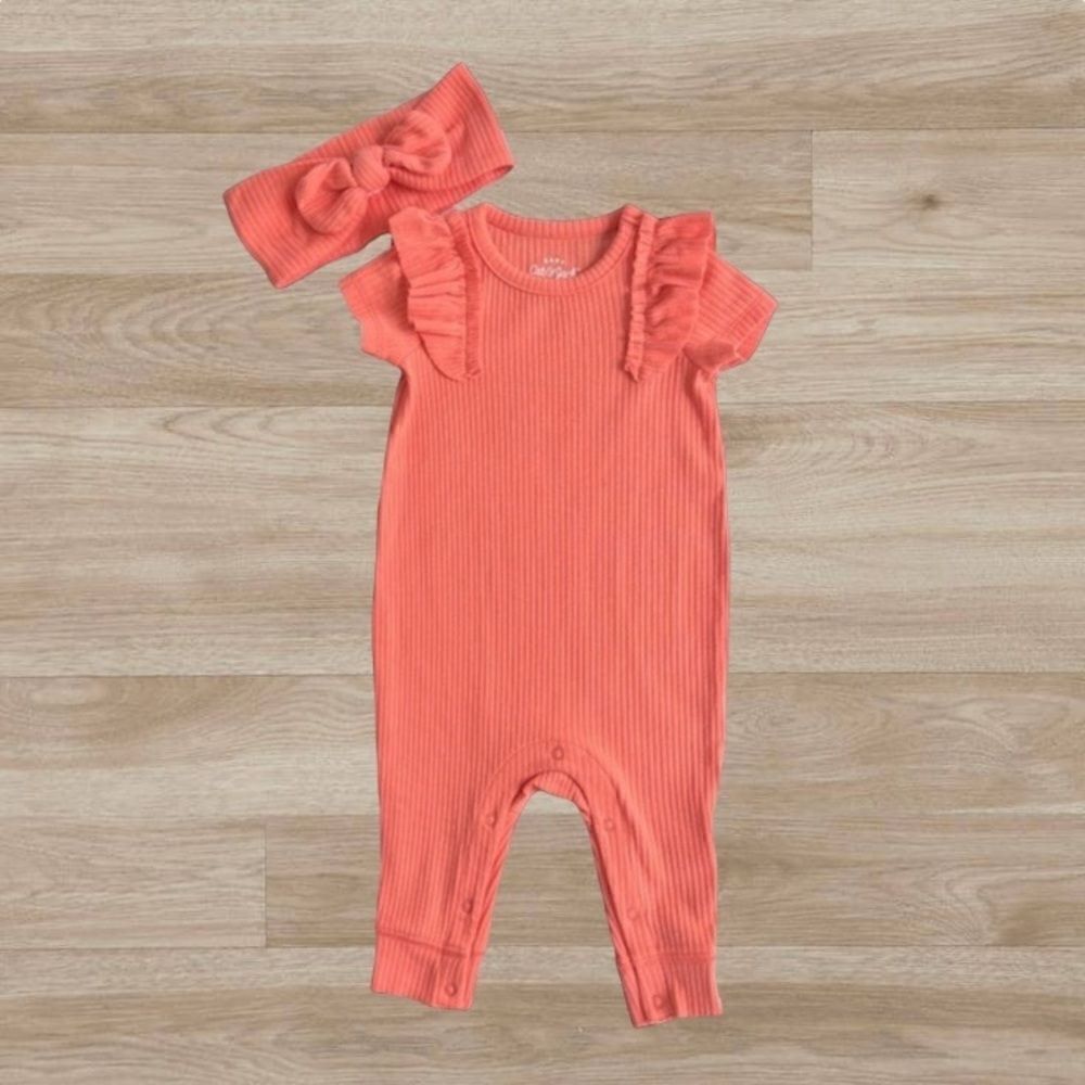 Baby Cat and Jack Girl's‎ Orange Ribbed Romper with Matching Bow 0-3 months